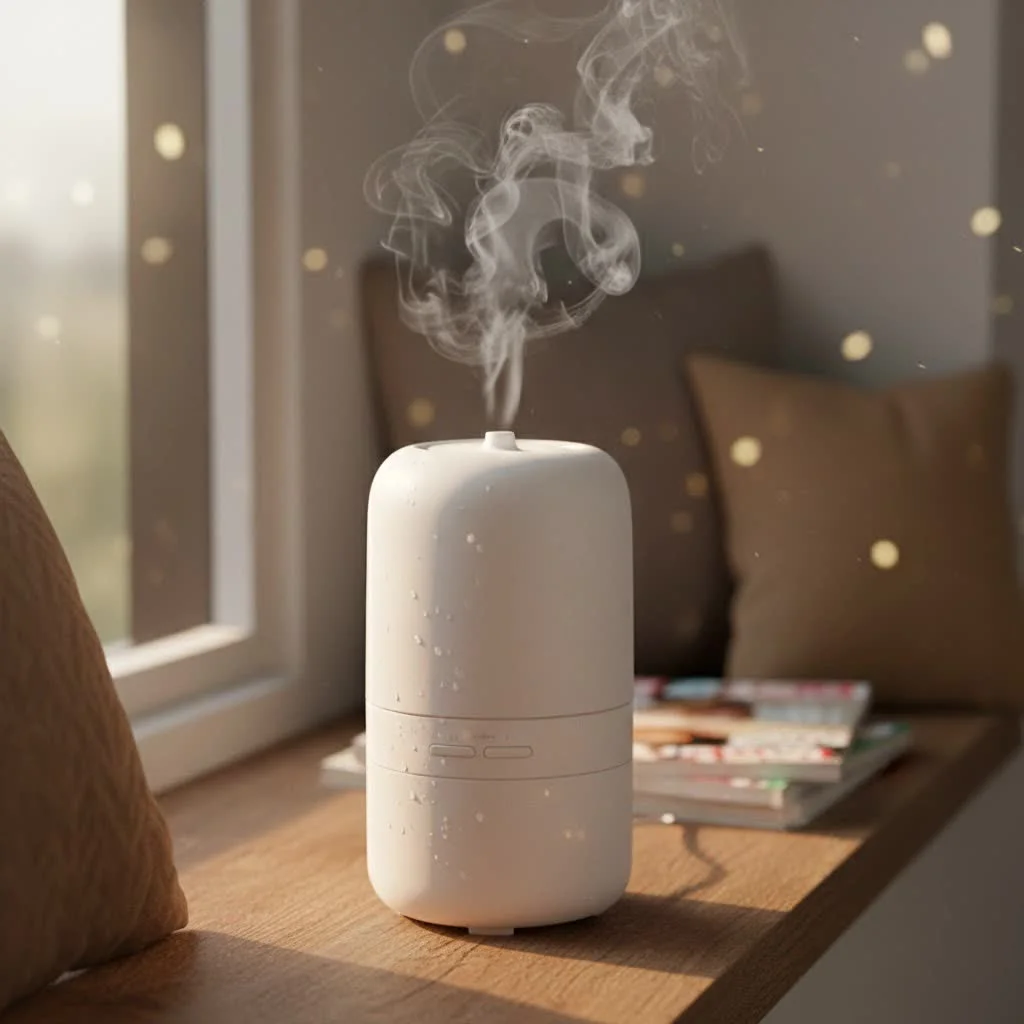A modern white aroma diffuser with a gentle mist