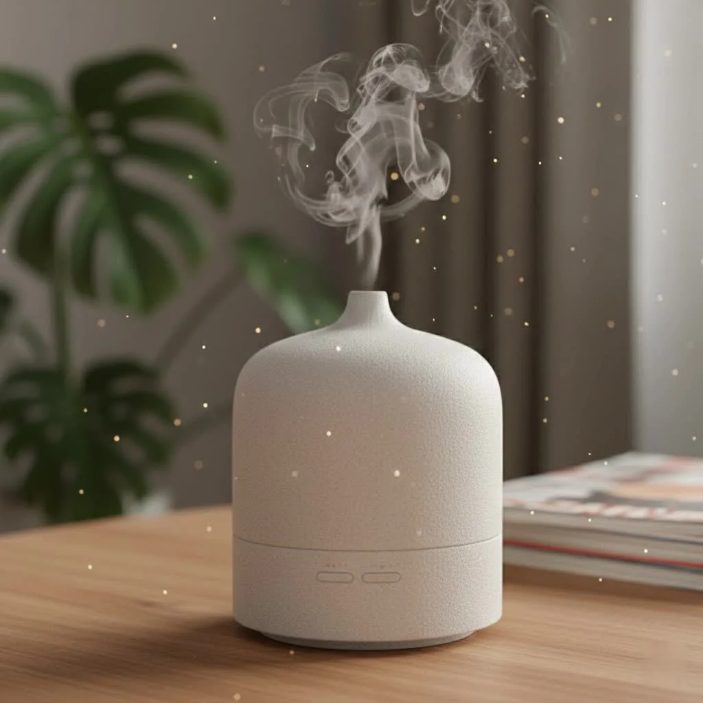 Aroma diffuser stone on a wooden surface with essential oil bottle