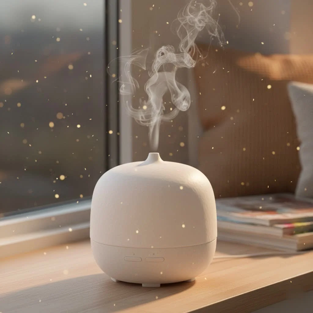 A variety of aroma diffusers on a wooden surface